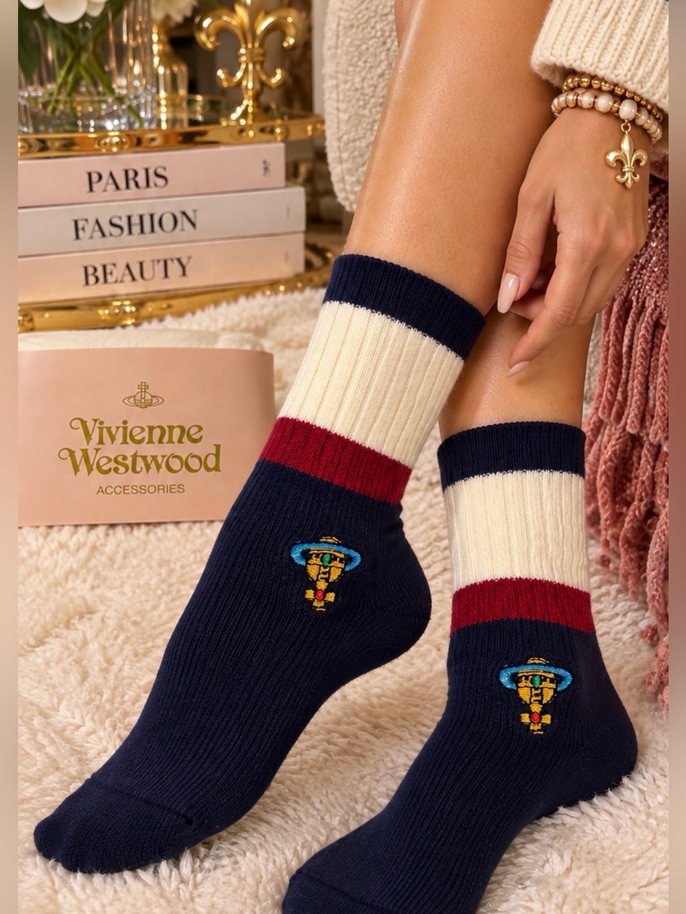 Vivienne Westwood Japan Orb Embroidered Colorblock Crew Socks NWT 22.5–24.5cm